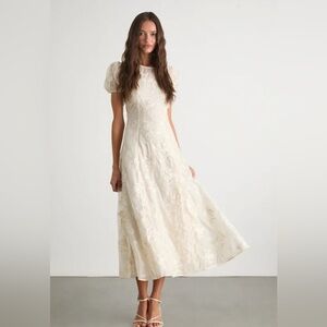Elfrieda Cream Floral Embroidered Puff Sleeve Midi Dress